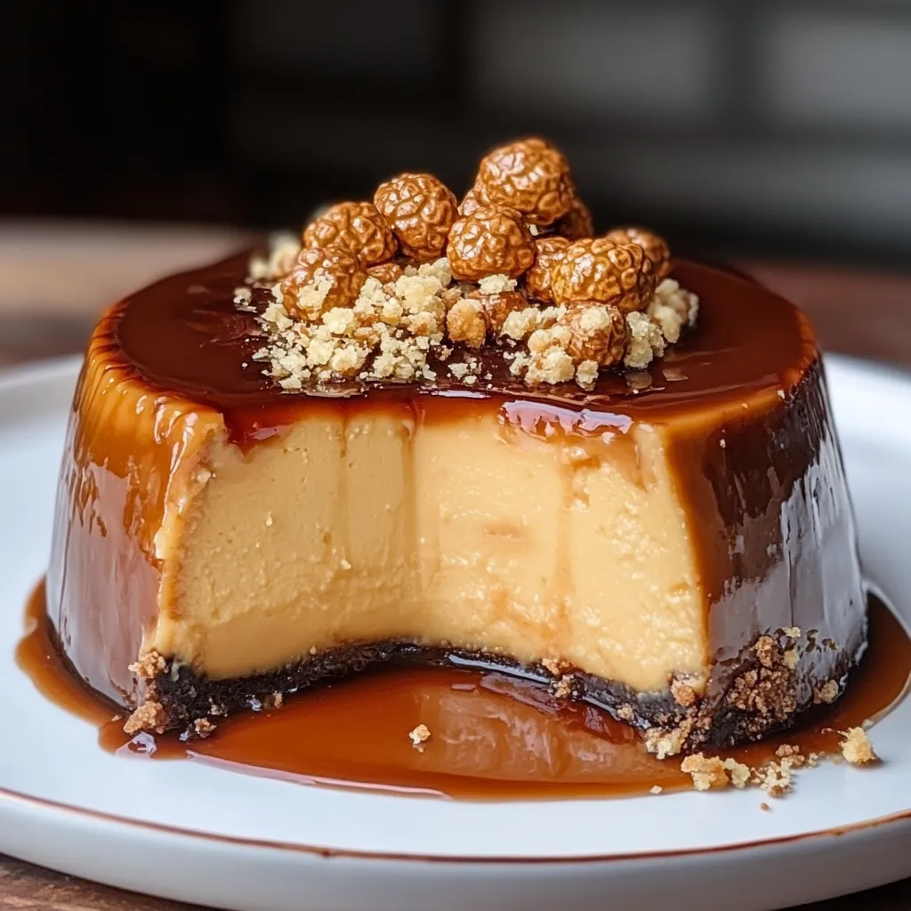 Flan de Ferrero Rocher servido en un plato con decoración de bombones.