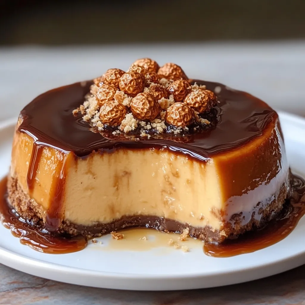 Flan de Ferrero Rocher servido en un plato con decoración de bombones.