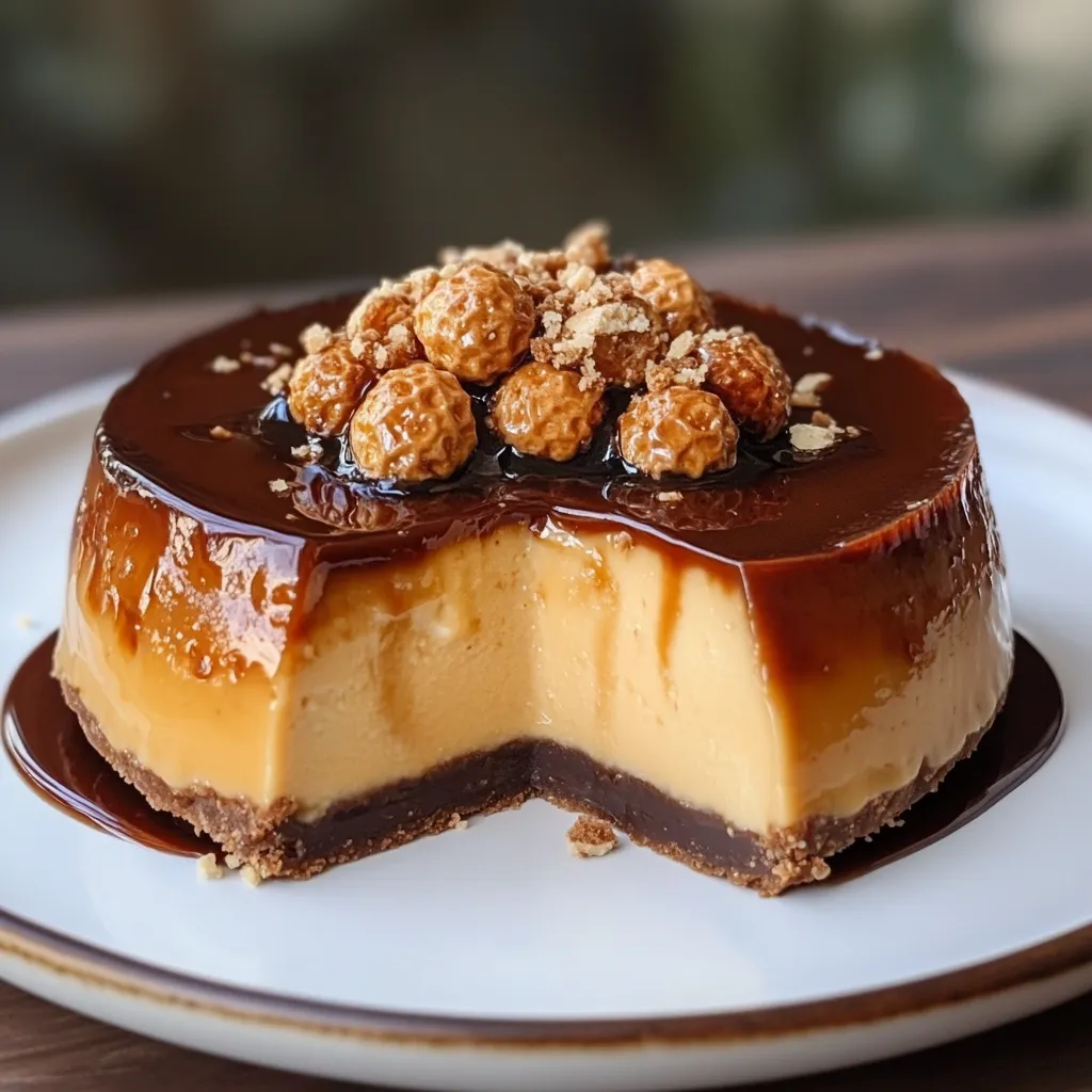 Flan de Ferrero Rocher servido en un plato con decoración de bombones.