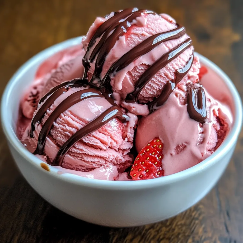 Helado de fresa casero servido en un cuenco con salsa de chocolate derretida por encima.