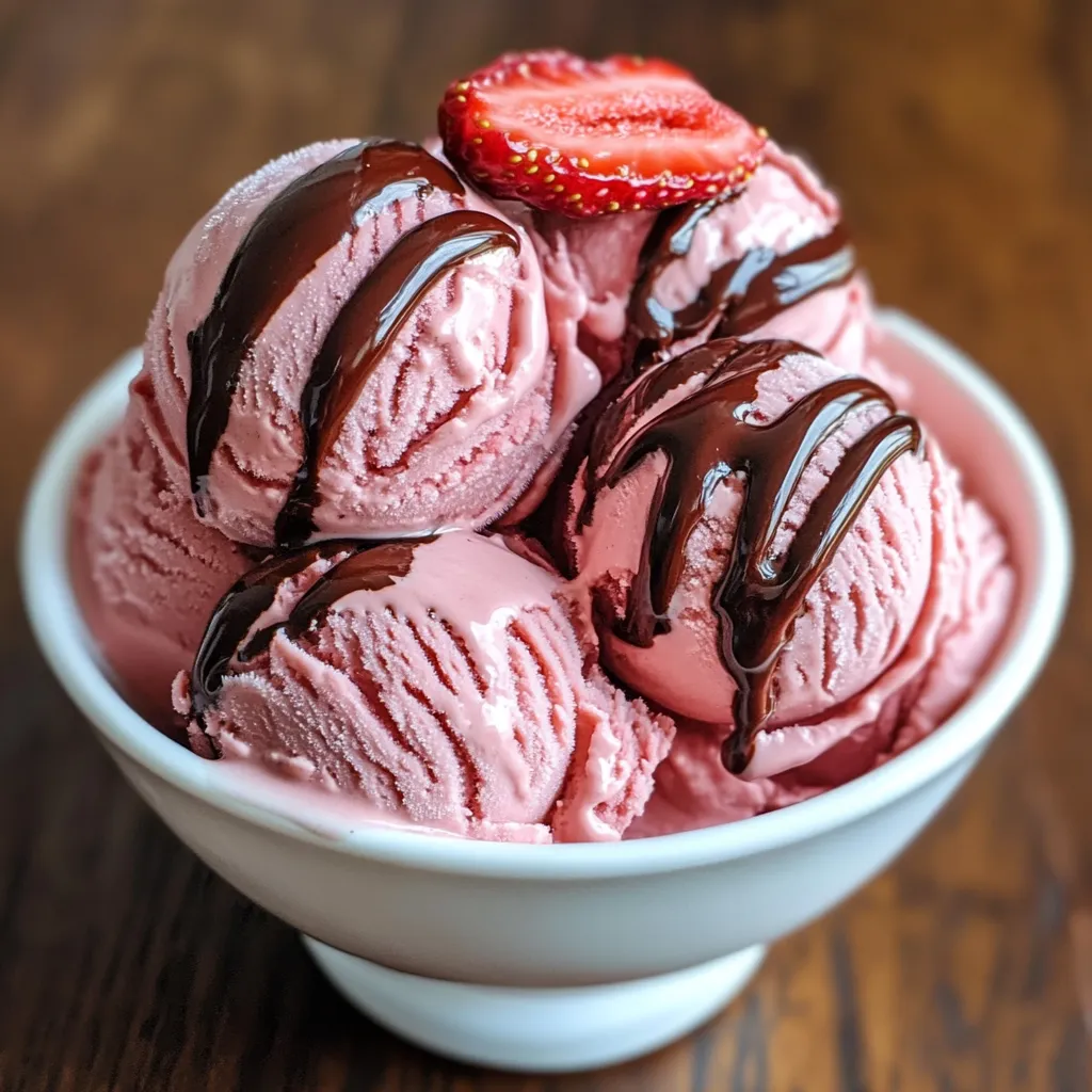 Helado de fresa casero servido en un cuenco con salsa de chocolate derretida por encima.