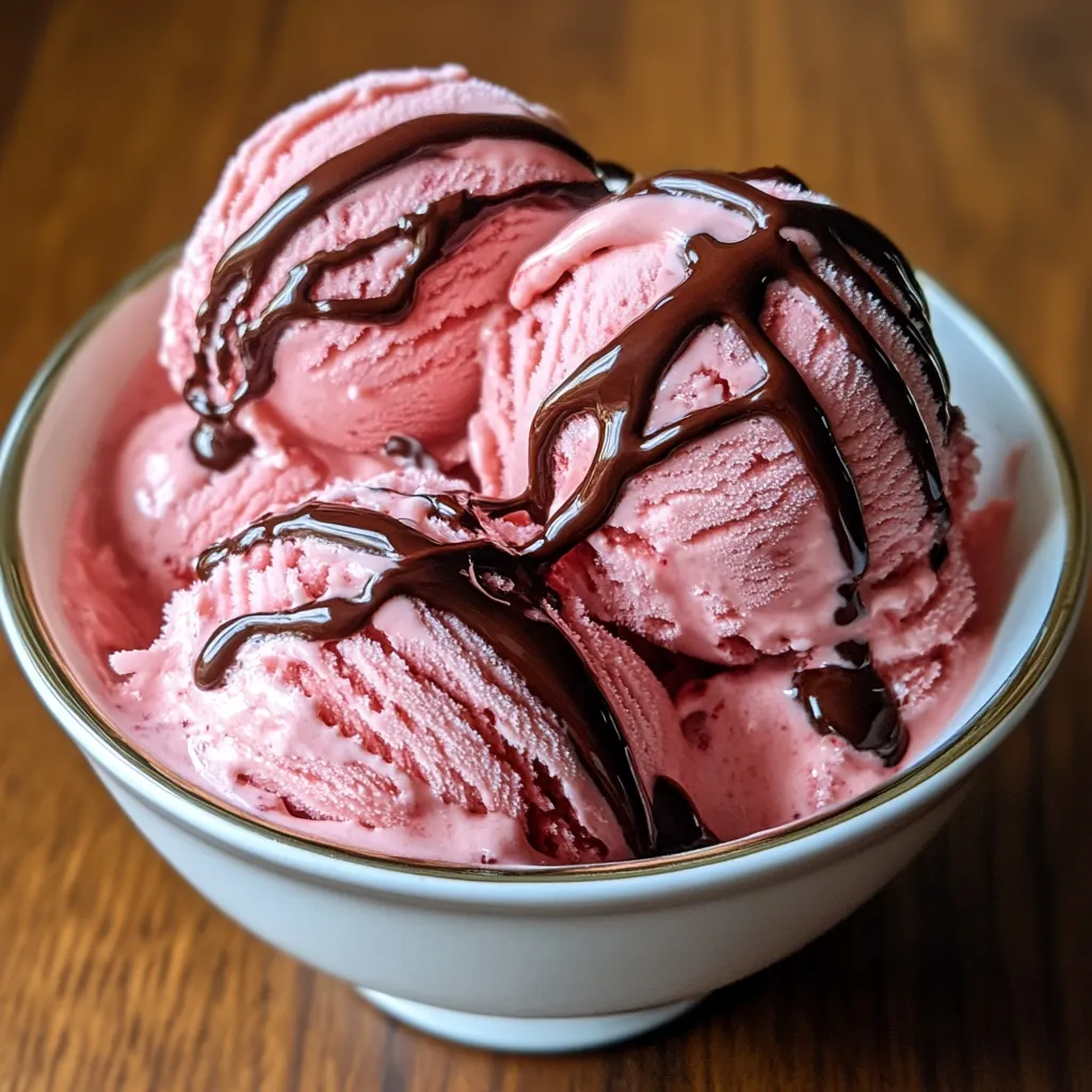 Helado de fresa casero servido en un cuenco con salsa de chocolate derretida por encima.