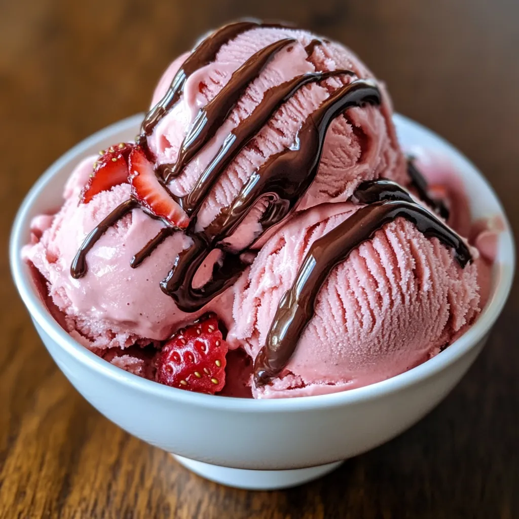 Helado de fresa casero servido en un cuenco con salsa de chocolate derretida por encima.