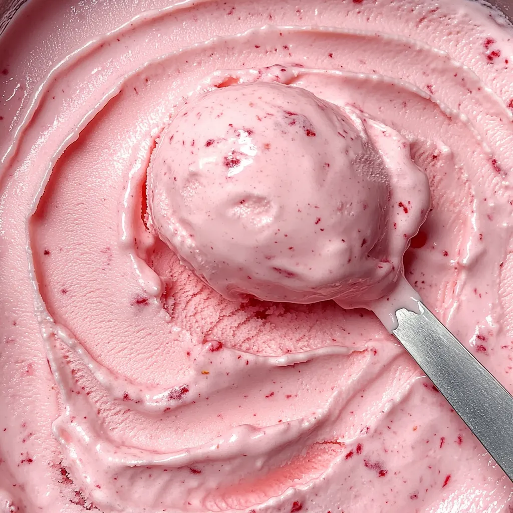 Helado casero de fresa servido en un tazón, con una textura cremosa y decorado con fresas frescas.