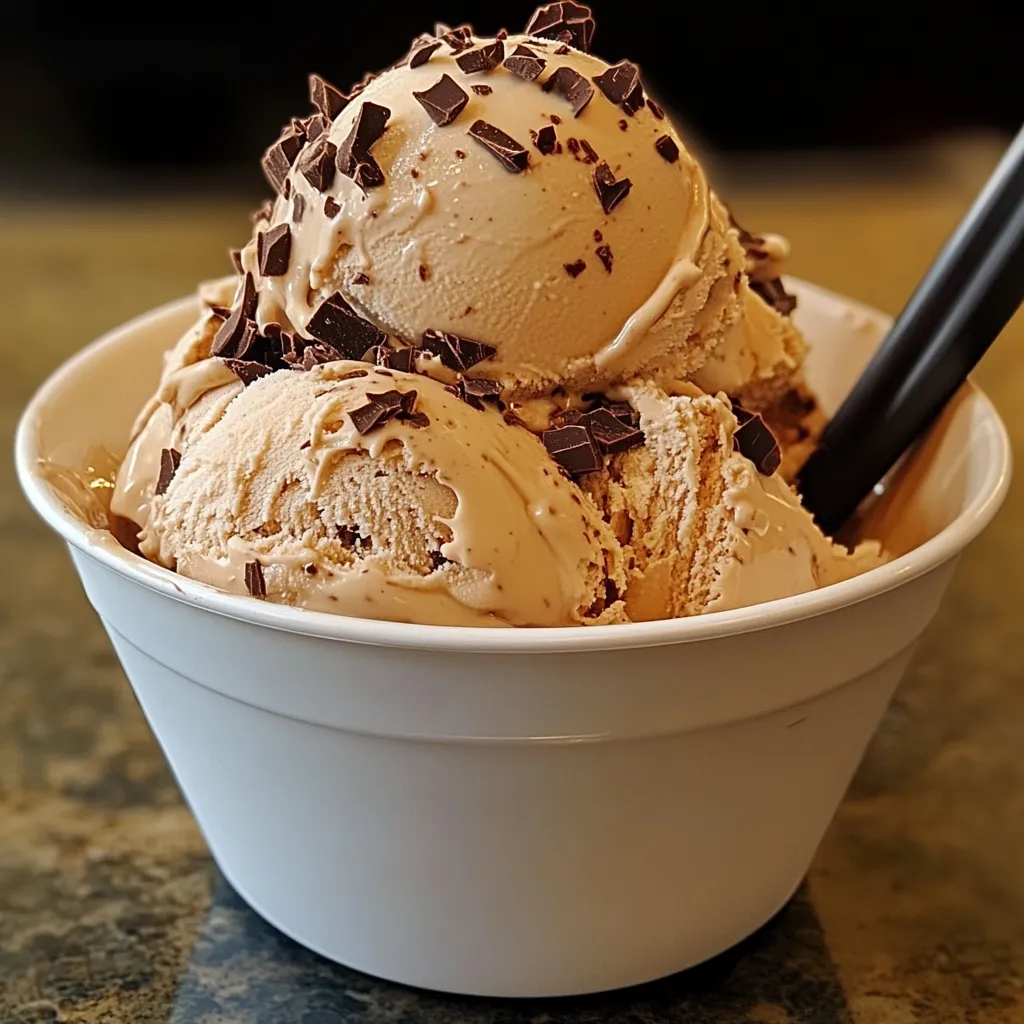 Helado de café casero servido en un bol con una textura cremosa y decorado con granos de café.