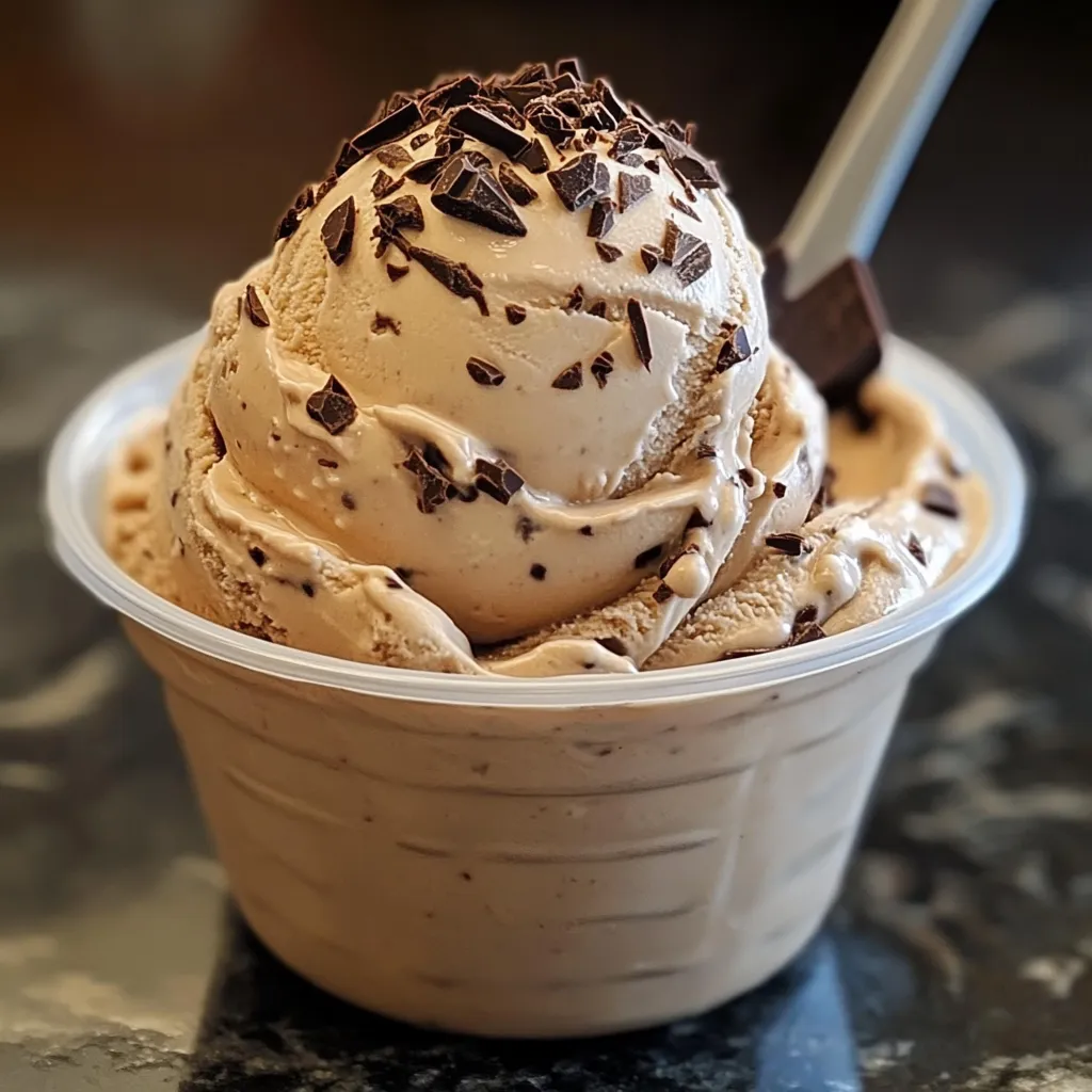 Helado de café casero servido en un bol con una textura cremosa y decorado con granos de café.