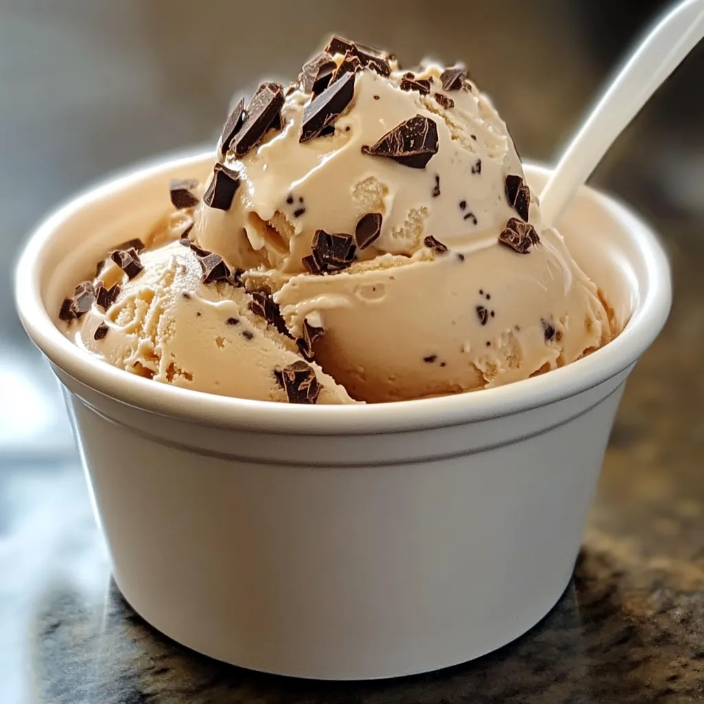 Helado de café casero servido en un bol con una textura cremosa y decorado con granos de café.