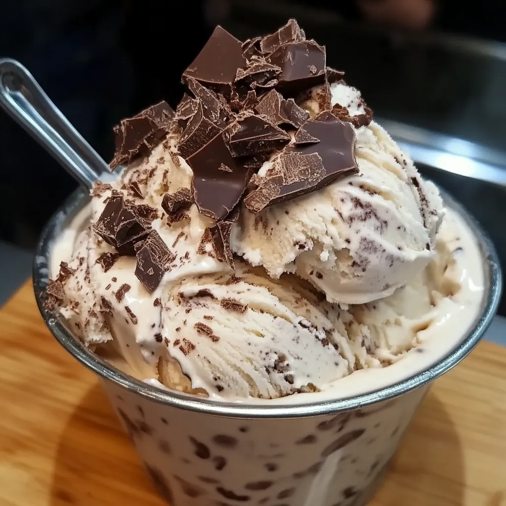 Helado de crema con chocolate servido en un bol, con chispas de chocolate y una textura cremosa.
