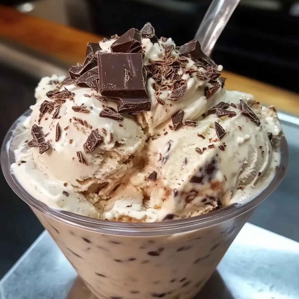 Helado de crema con chocolate servido en un bol, con chispas de chocolate y una textura cremosa.
