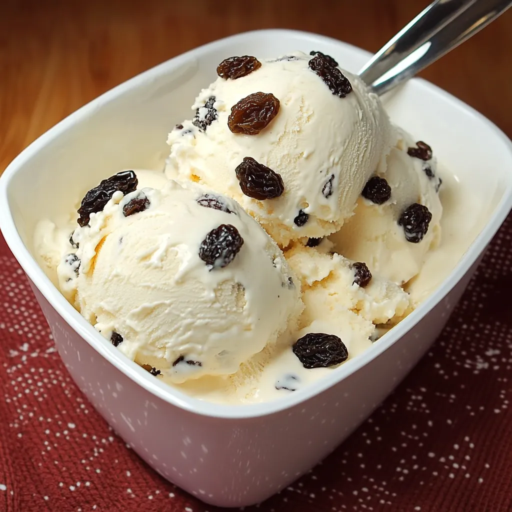 Helado de ron con pasas servido en un tazón con pasas decorativas