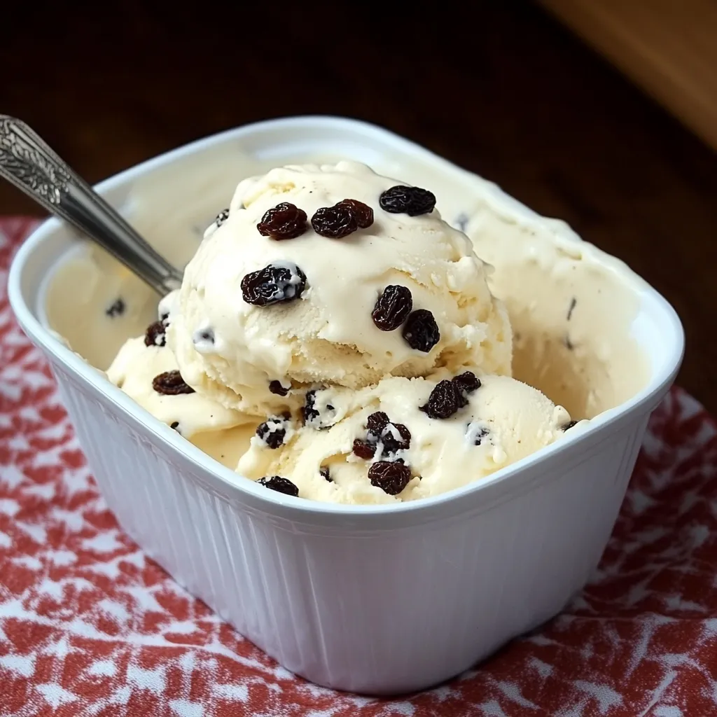 Helado de ron con pasas servido en un tazón con pasas decorativas