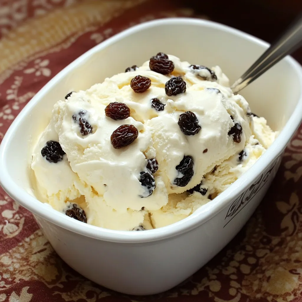 Helado de ron con pasas servido en un tazón con pasas decorativas