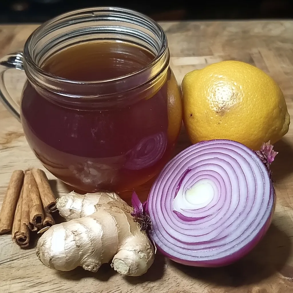 Infusión de cebolla, ajo y jengibre con canela servida en una taza caliente.