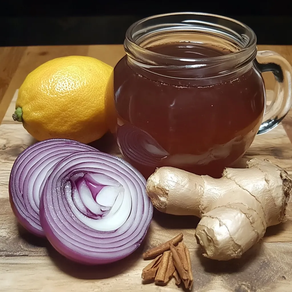 Infusión de cebolla, ajo y jengibre con canela servida en una taza caliente.