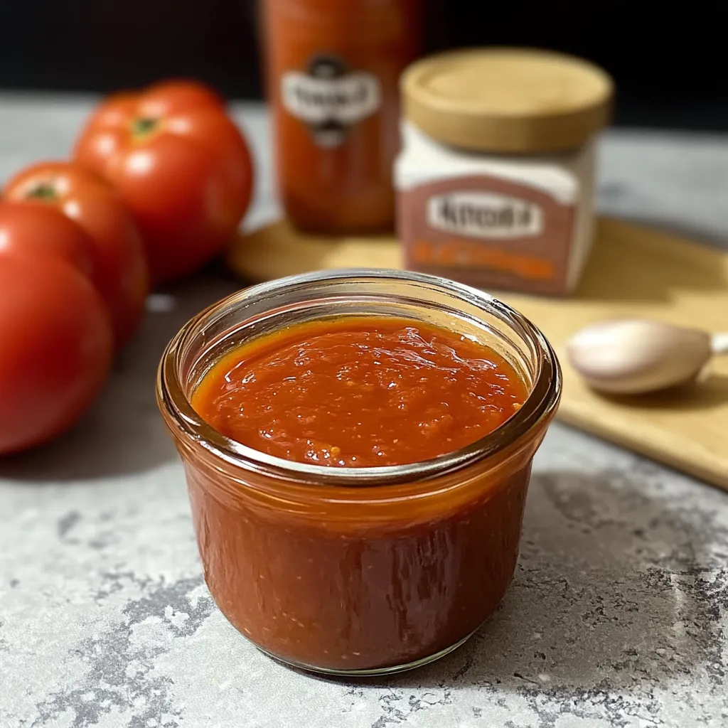 Kétchup casero sin químicos en un frasco de vidrio, con tomates frescos y especias al fondo.