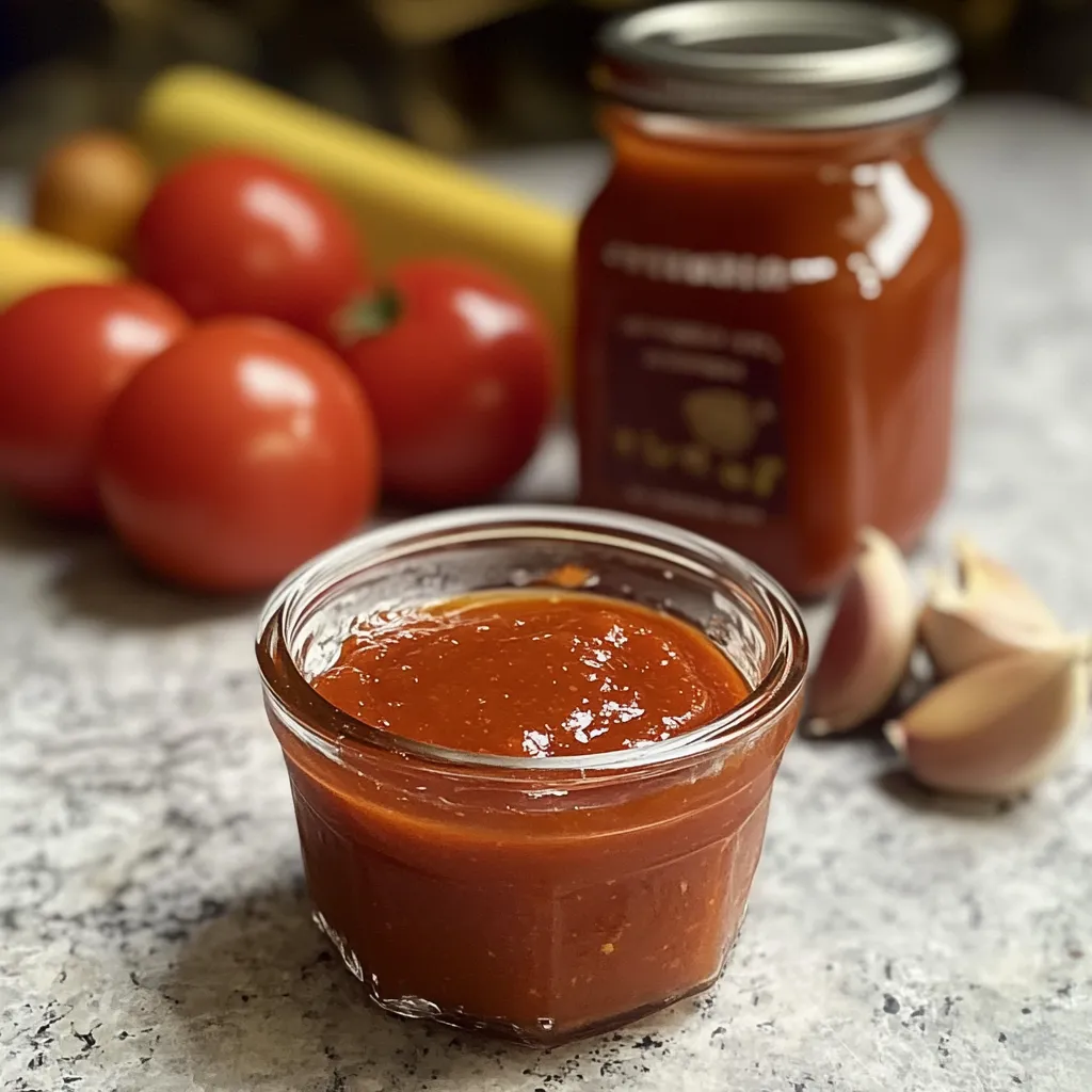 Kétchup casero sin químicos en un frasco de vidrio, con tomates frescos y especias al fondo.