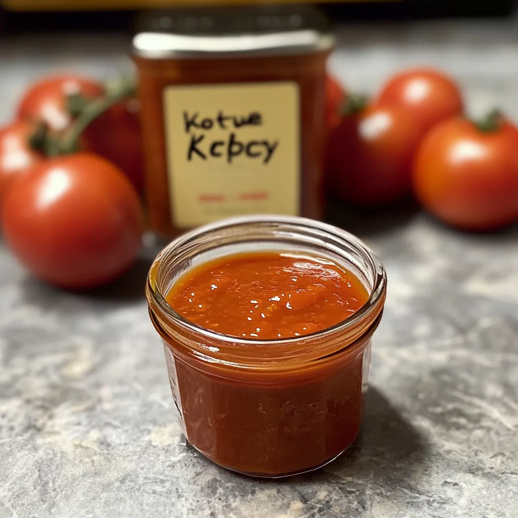 Kétchup casero sin químicos en un frasco de vidrio, con tomates frescos y especias al fondo.