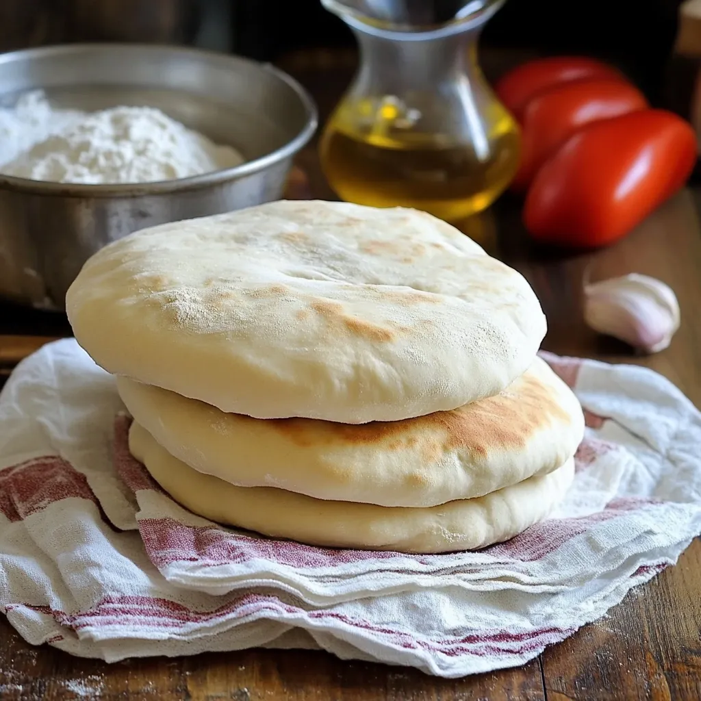 Pan de pita casero recién horneado con una textura esponjosa y dorada.