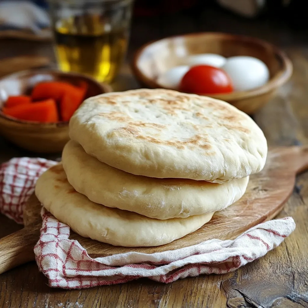 Pan de pita casero recién horneado con una textura esponjosa y dorada.
