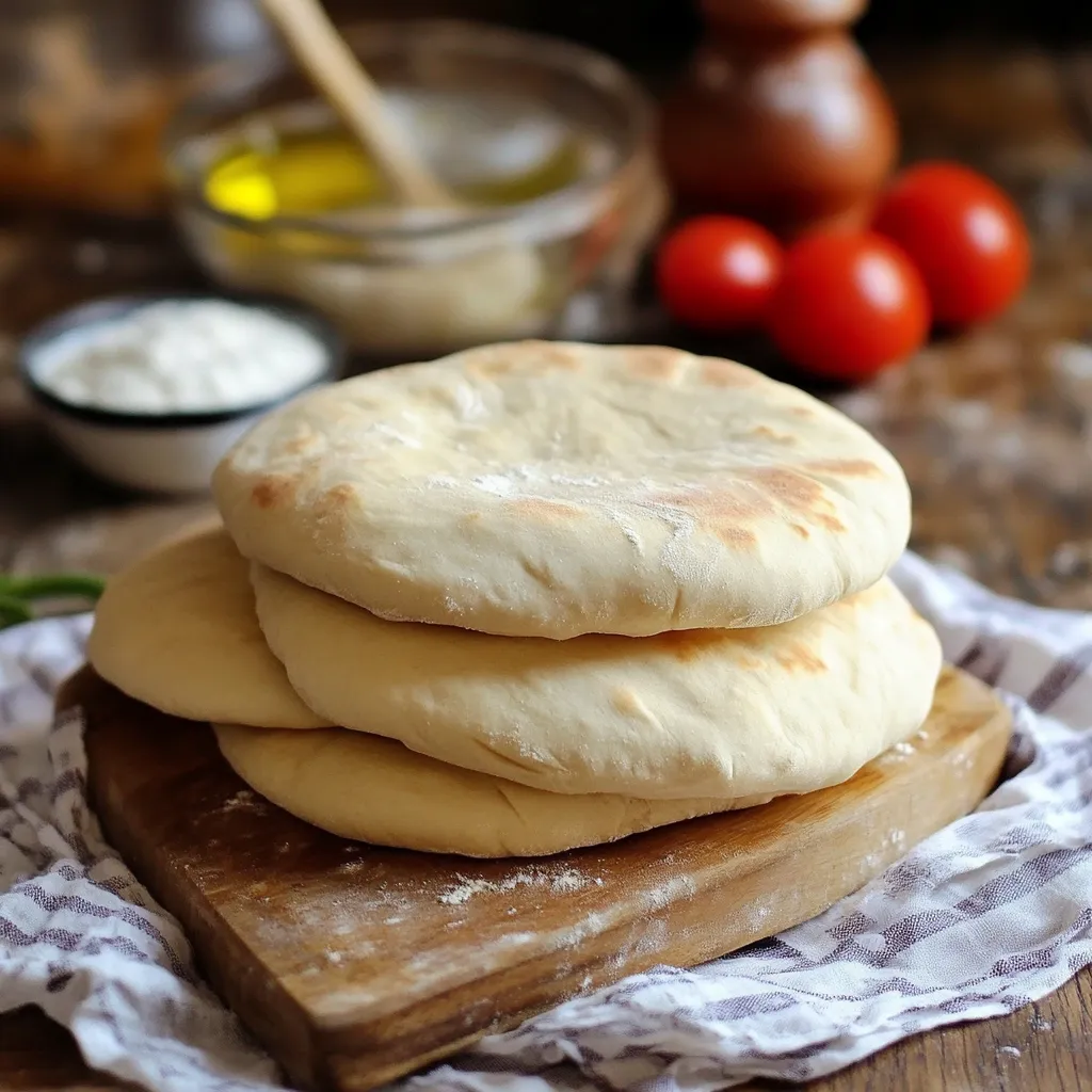Pan de pita casero recién horneado con una textura esponjosa y dorada.