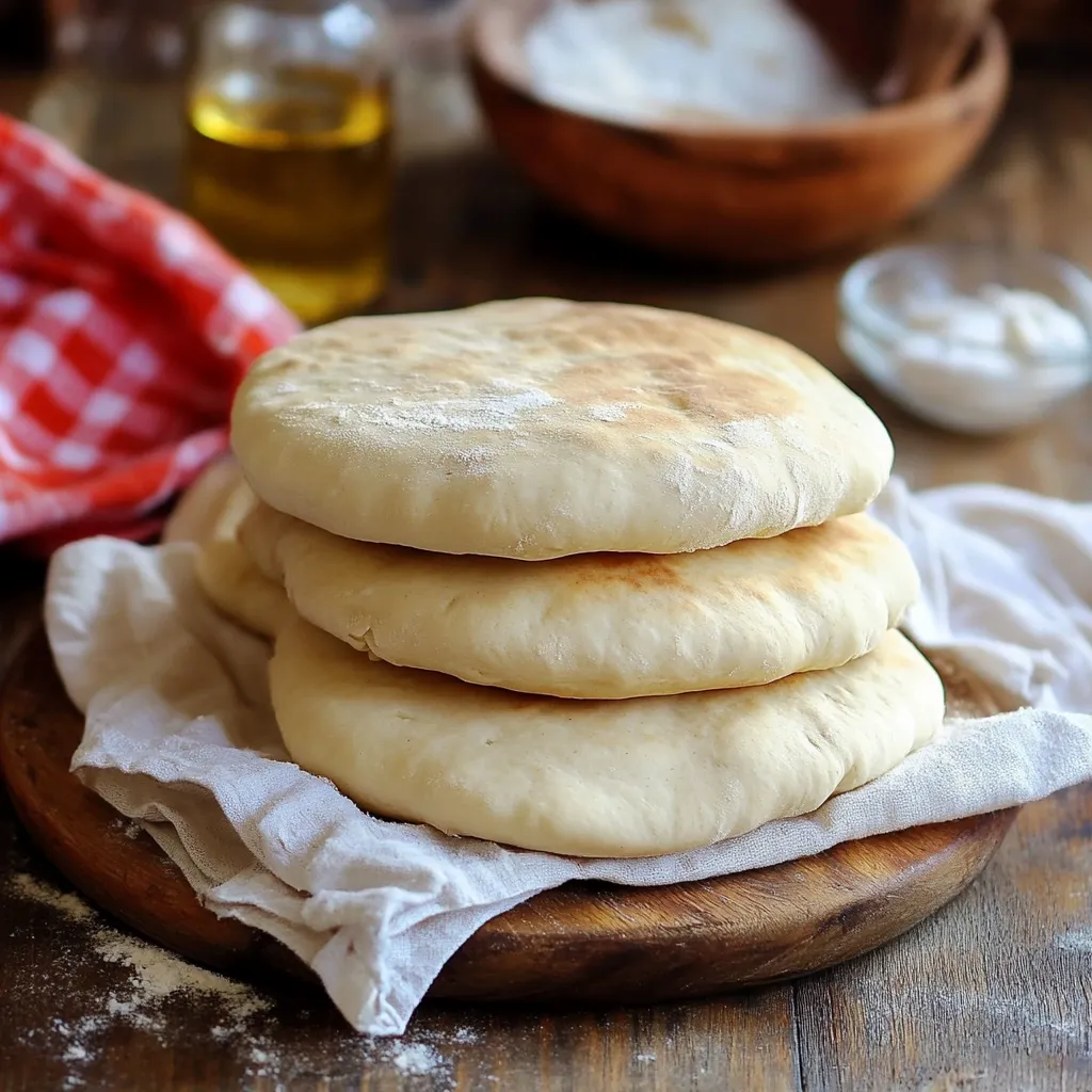Pan de pita casero recién horneado con una textura esponjosa y dorada.