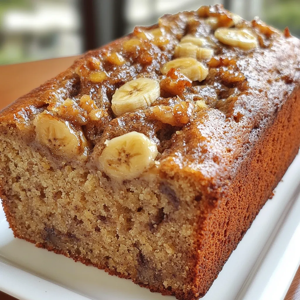 Pan de plátano casero recién horneado, esponjoso y dorado, con rebanadas servidas en un plato.