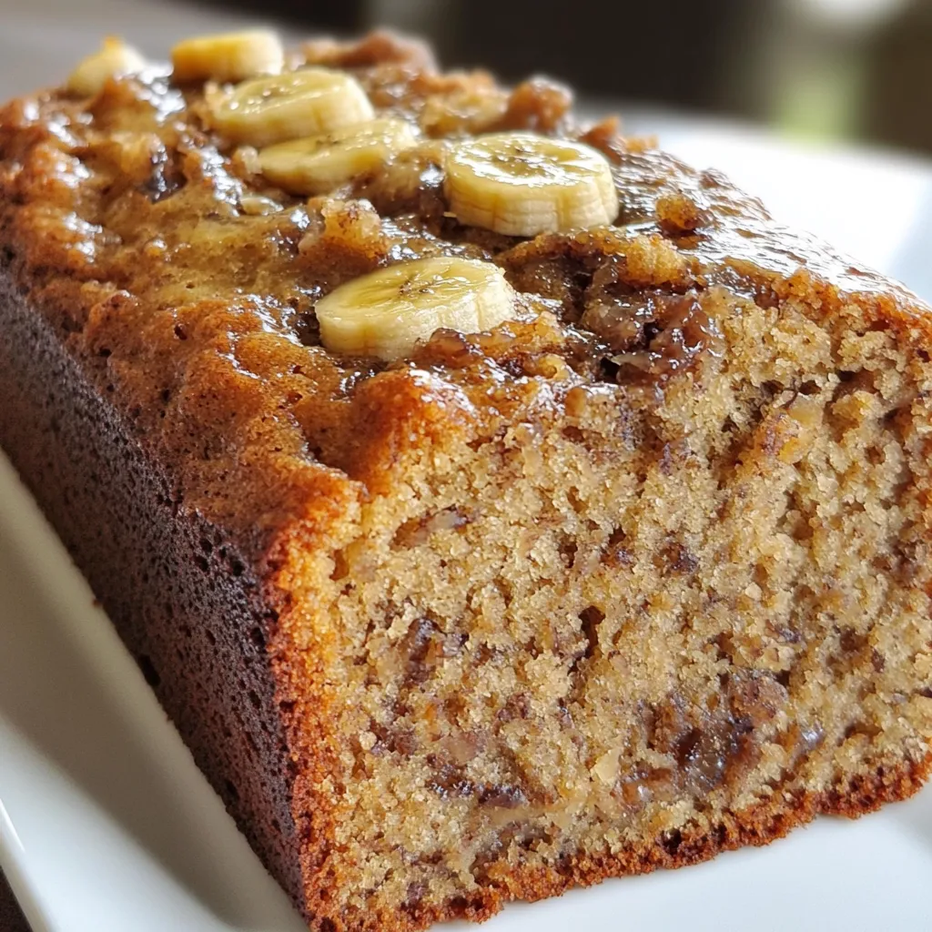 Pan de plátano casero recién horneado, esponjoso y dorado, con rebanadas servidas en un plato.