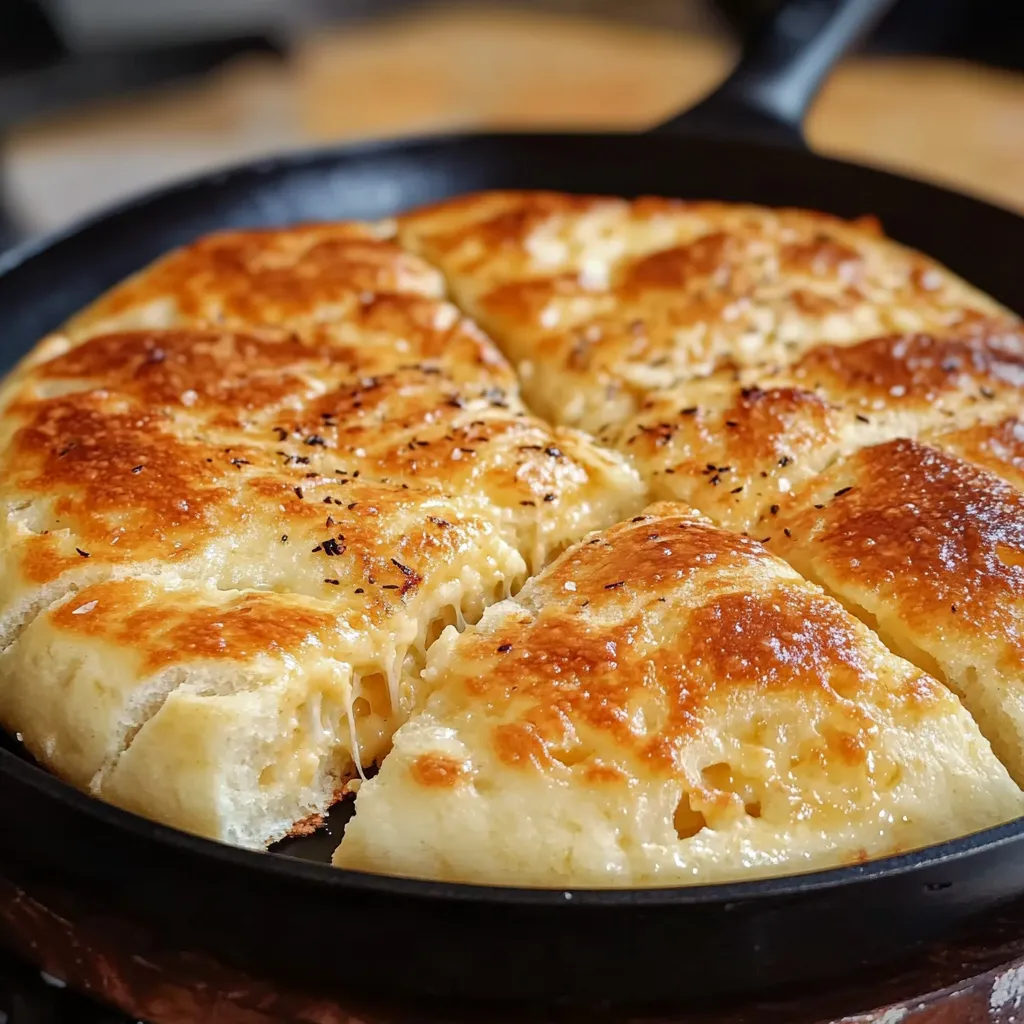 Pan de queso en sartén dorado y crujiente, servido caliente en un plato con mantequilla derretida.