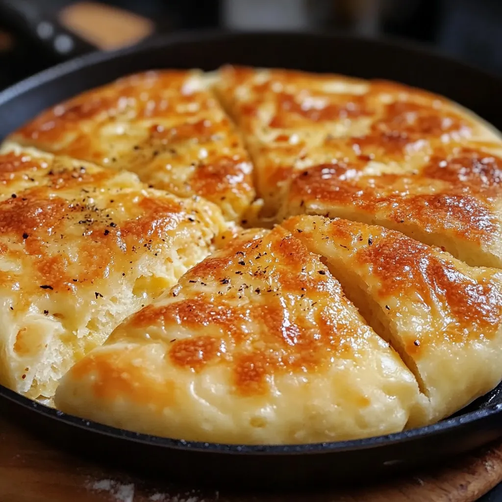 Pan de queso en sartén dorado y crujiente, servido caliente en un plato con mantequilla derretida.