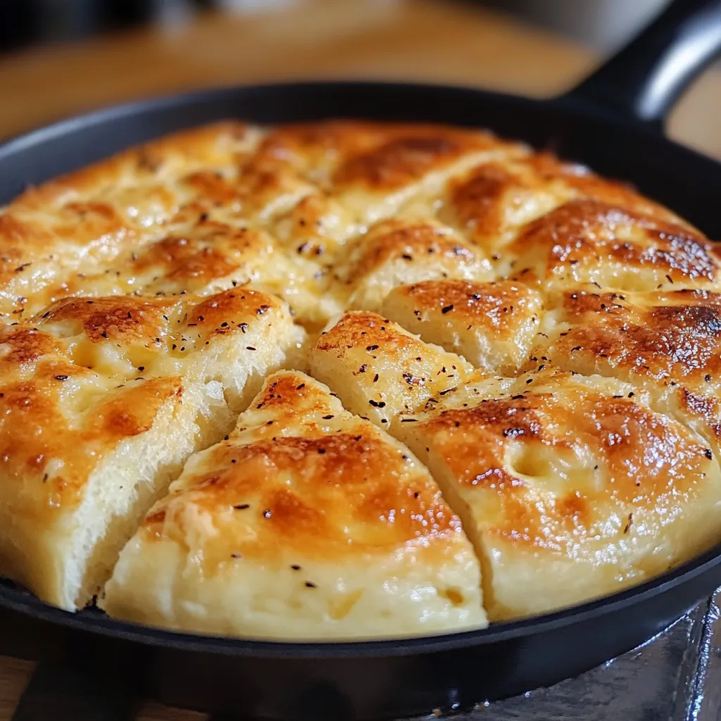 Pan de queso en sartén dorado y crujiente, servido caliente en un plato con mantequilla derretida.