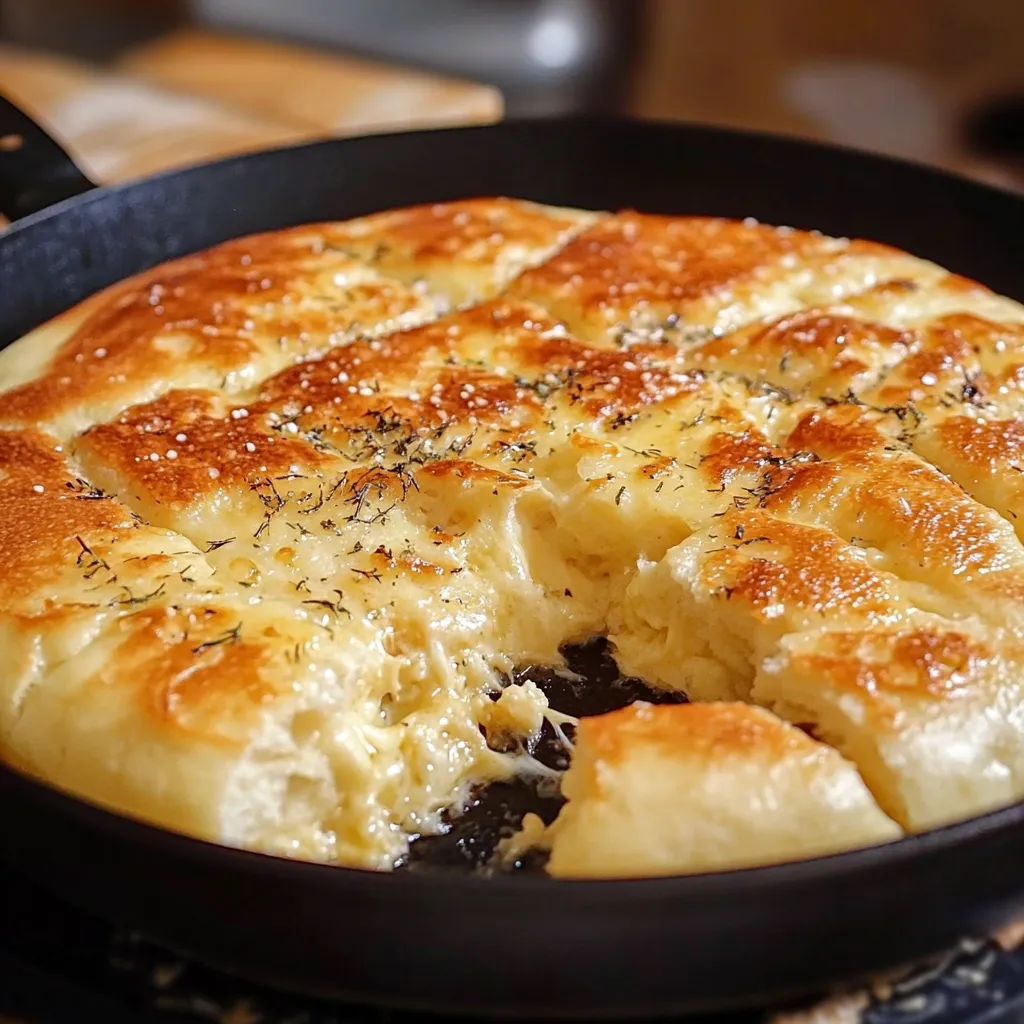 Pan de queso en sartén dorado y crujiente, servido caliente en un plato con mantequilla derretida.
