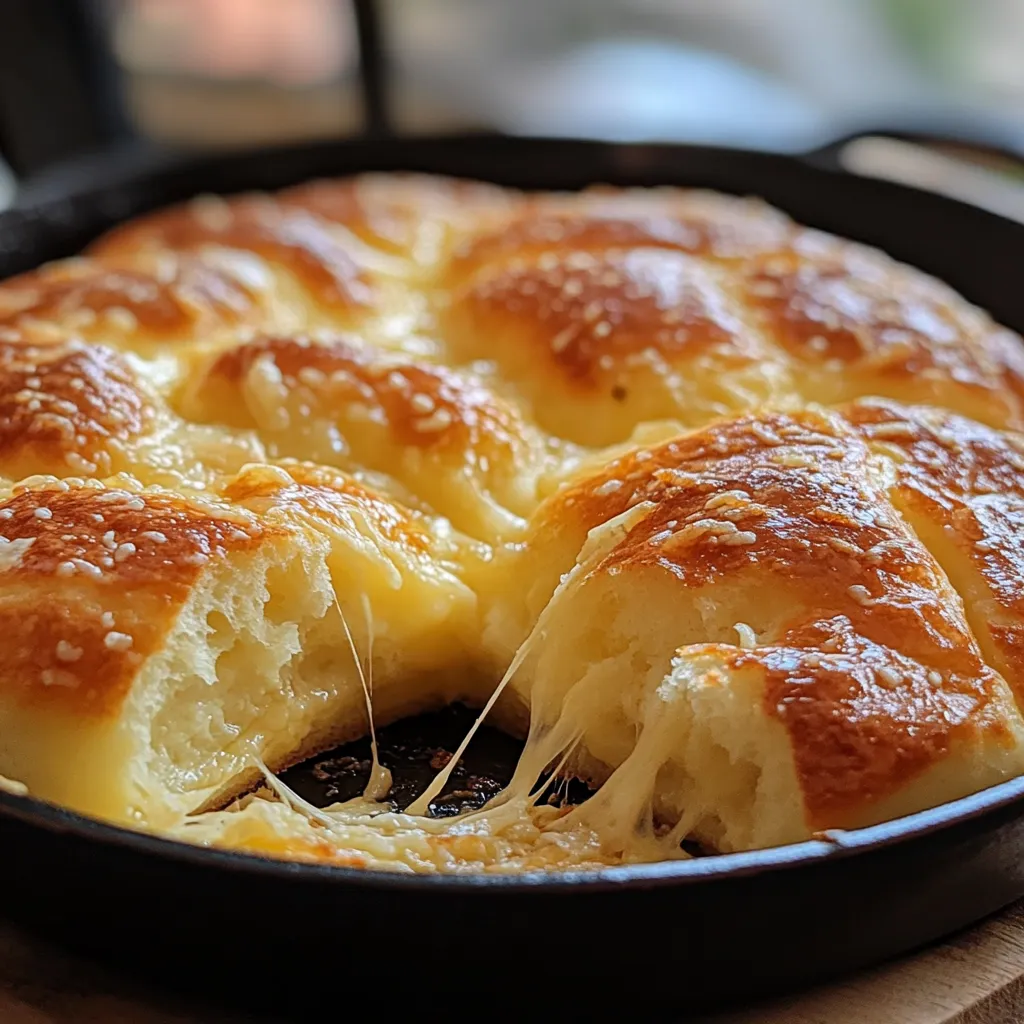 Pan de maicena con queso dorado y esponjoso en sartén.