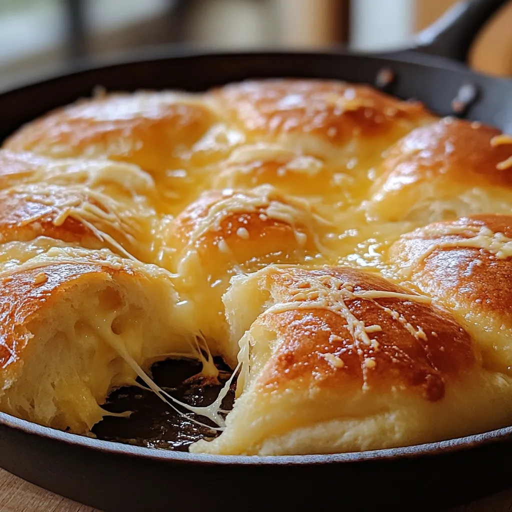 Pan de maicena con queso dorado y esponjoso en sartén.