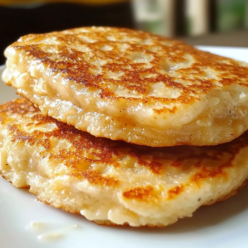 Panqueques de avena y plátano recién hechos con miel y frutas frescas.