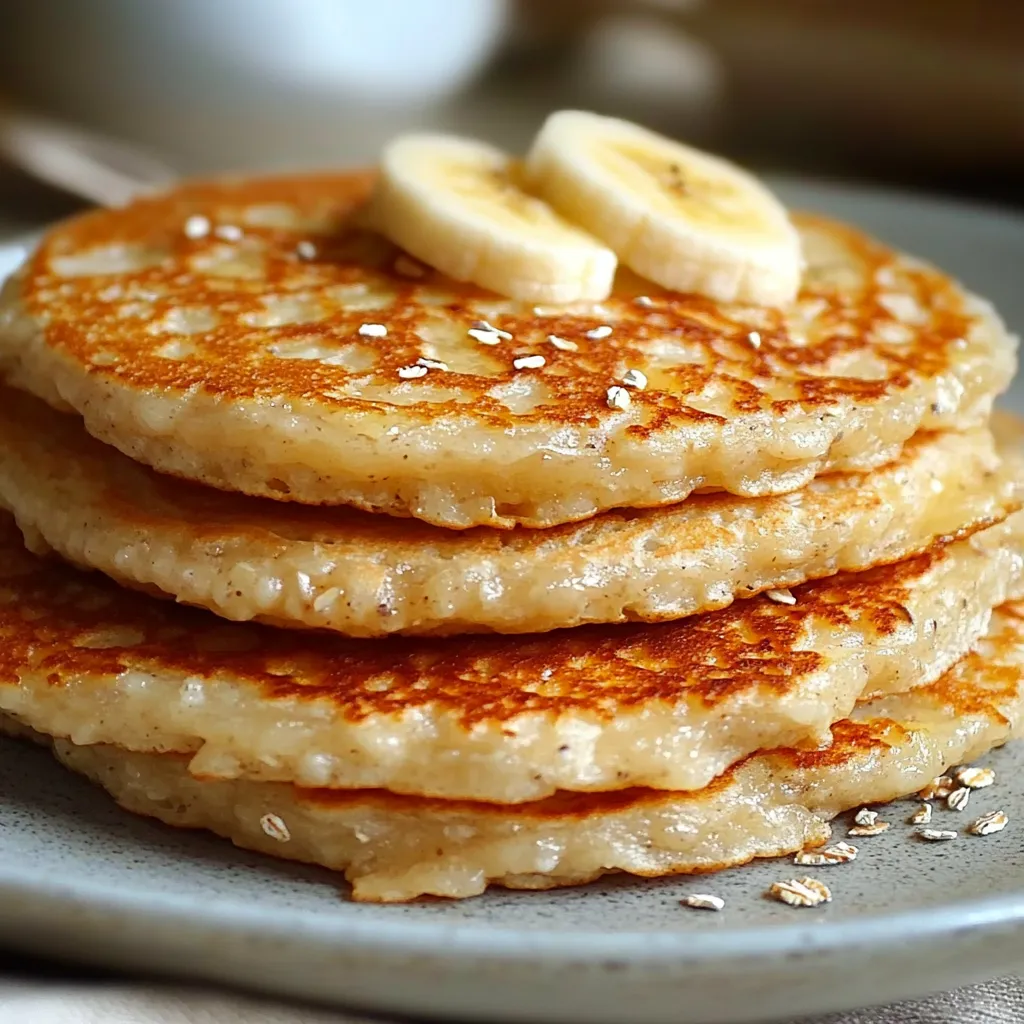 Panqueques de avena y plátano recién hechos con miel y frutas frescas.