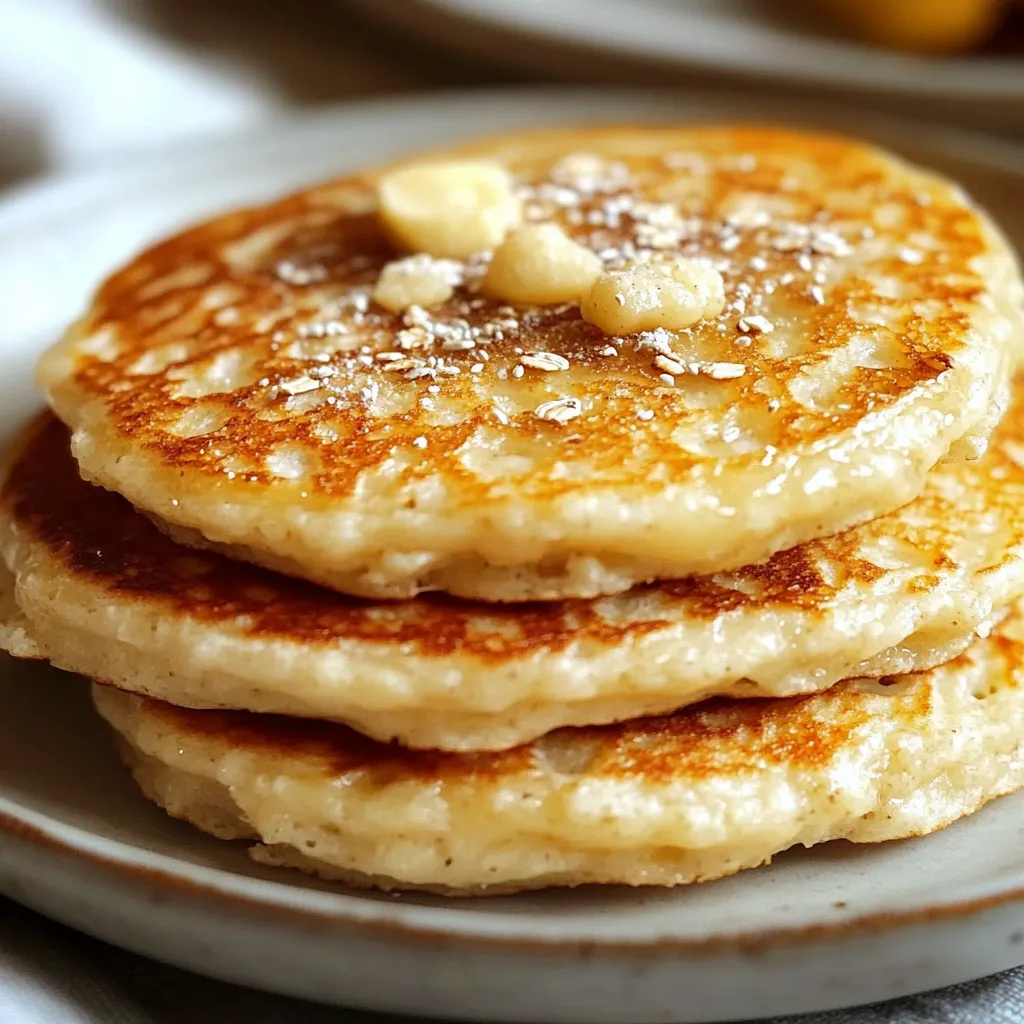Panqueques de avena y plátano recién hechos con miel y frutas frescas.