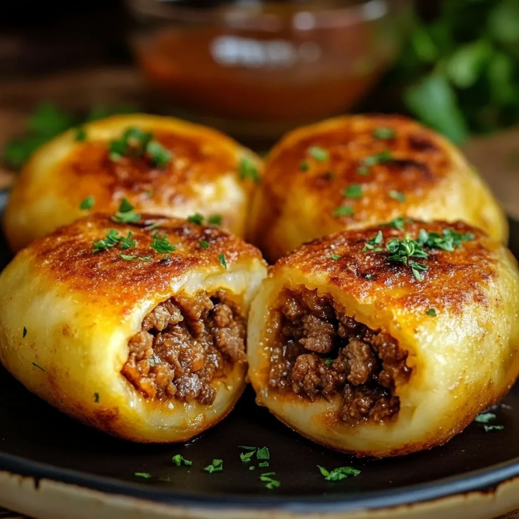 Papas rellenas con carne doradas y crujientes servidas en un plato.