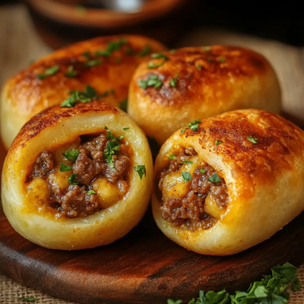 Papas rellenas con carne doradas y crujientes servidas en un plato.