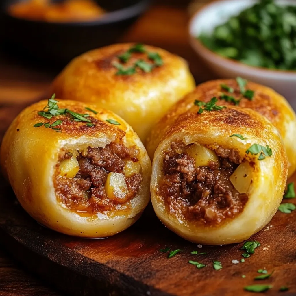 Papas rellenas con carne doradas y crujientes servidas en un plato.