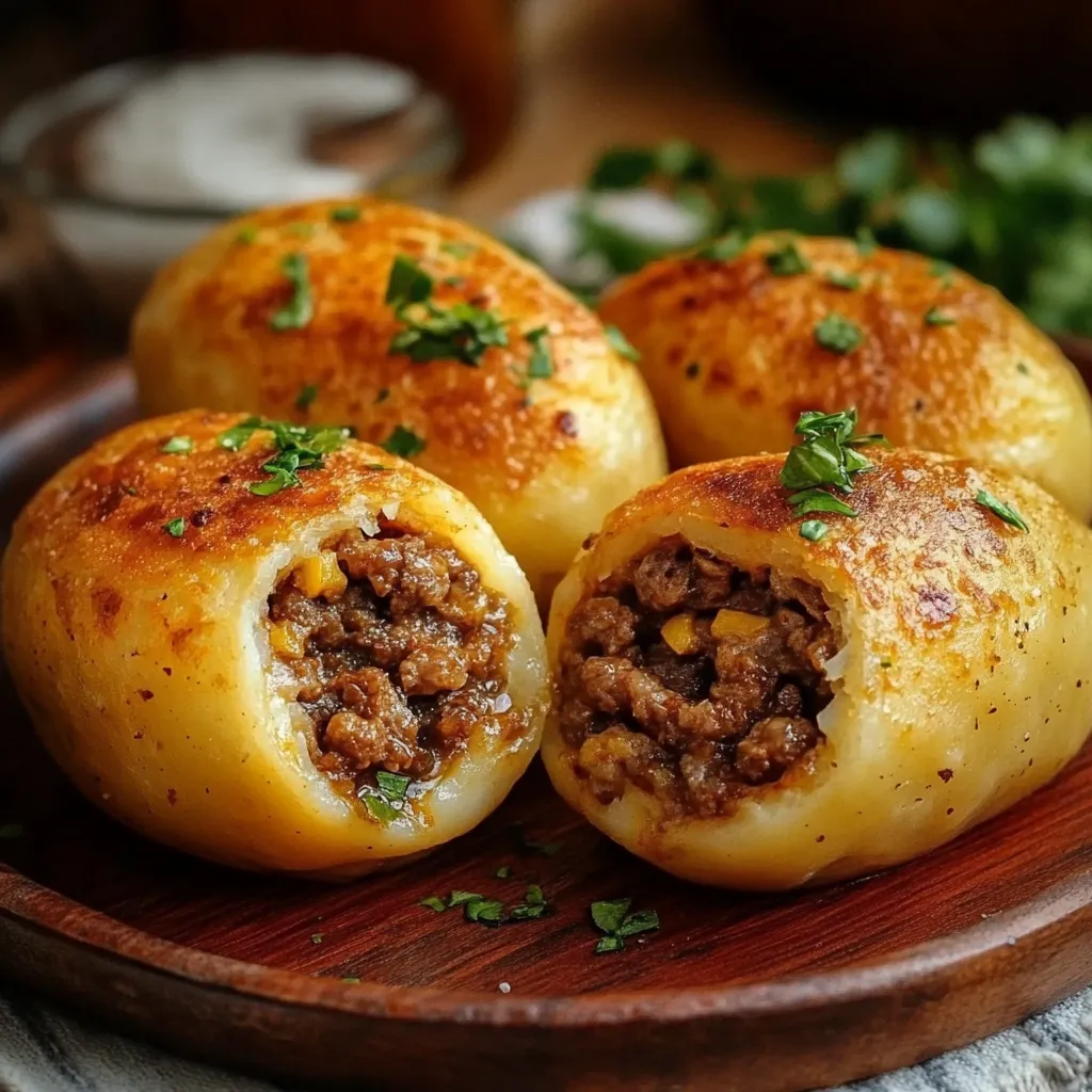 Papas rellenas con carne doradas y crujientes servidas en un plato.
