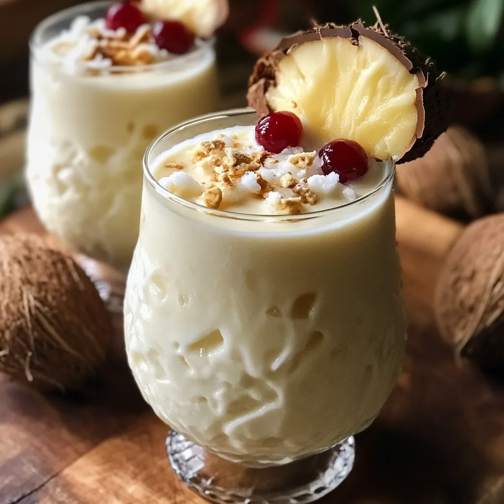 Vaso alto de Piña Colada cremosa con rodaja de piña y cereza como decoración.