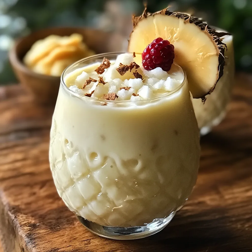 Vaso alto de Piña Colada cremosa con rodaja de piña y cereza como decoración.
