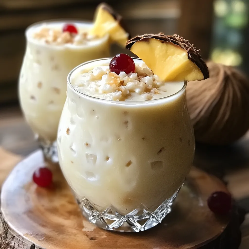 Vaso alto de Piña Colada cremosa con rodaja de piña y cereza como decoración.
