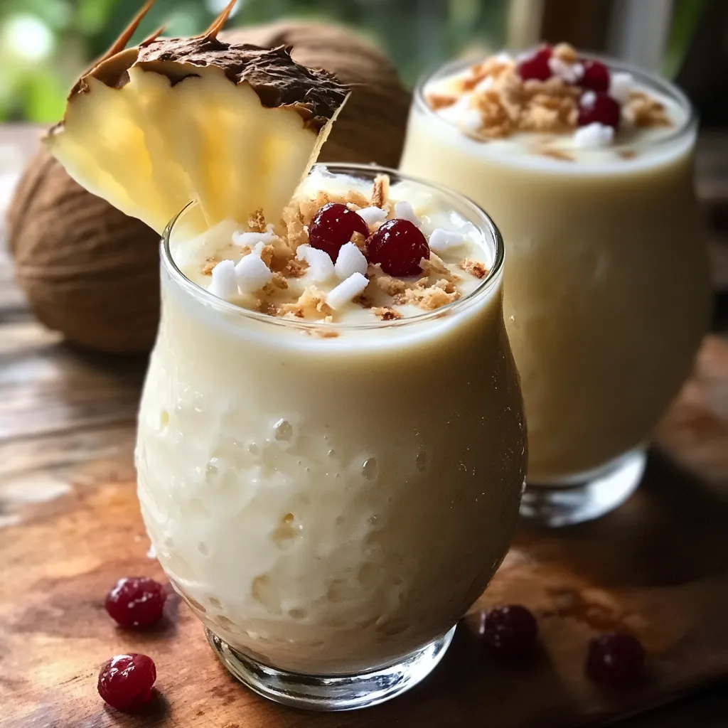 Vaso alto de Piña Colada cremosa con rodaja de piña y cereza como decoración.