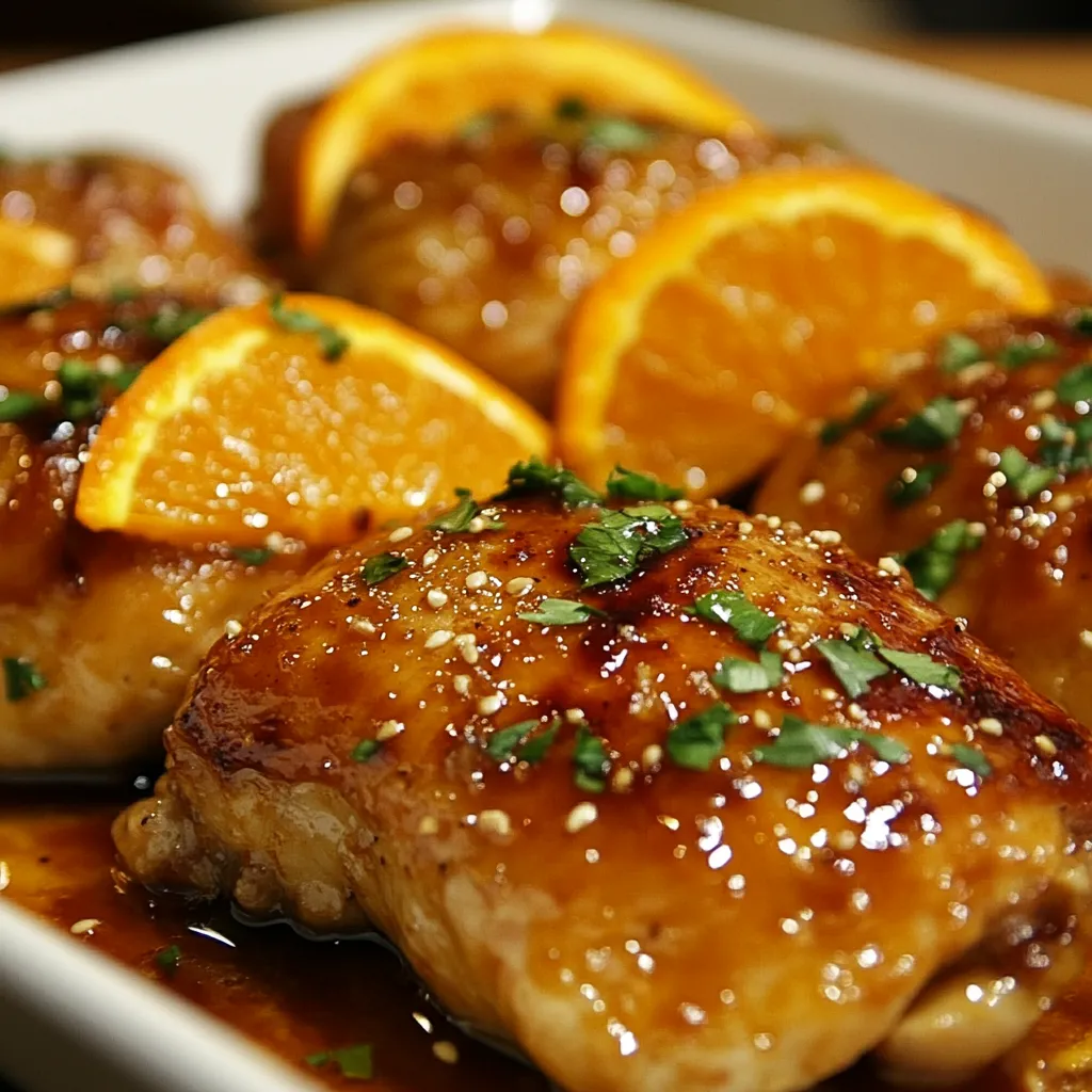Plato de Pollo a la Naranja servido con arroz y decorado con rodajas de naranja.