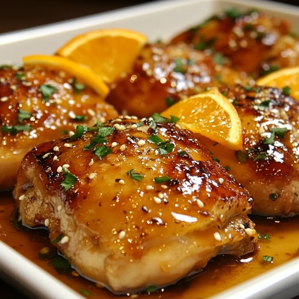 Plato de Pollo a la Naranja servido con arroz y decorado con rodajas de naranja.