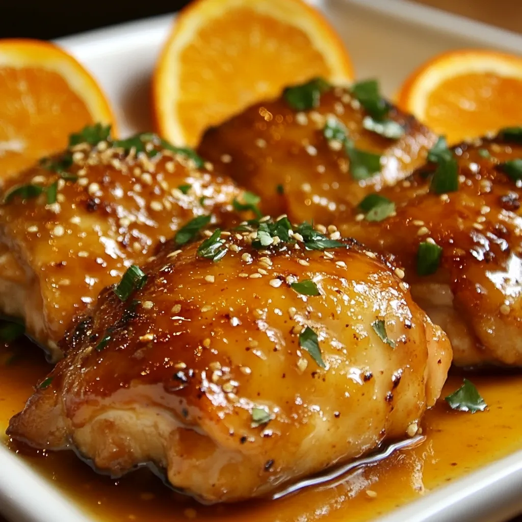 Plato de Pollo a la Naranja servido con arroz y decorado con rodajas de naranja.