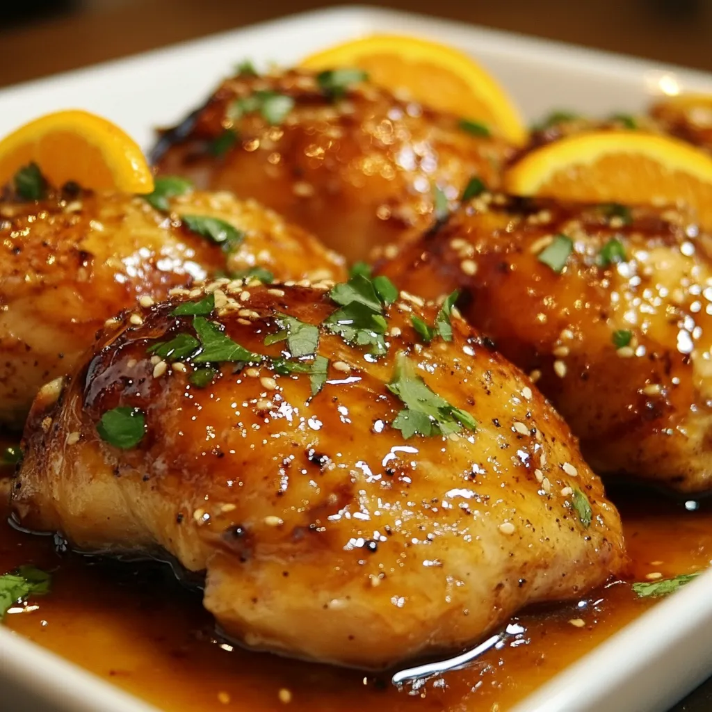 Plato de Pollo a la Naranja servido con arroz y decorado con rodajas de naranja.