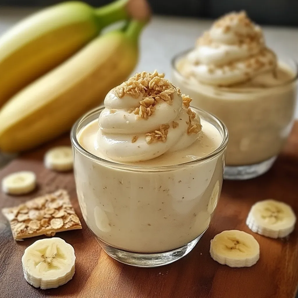 Postre cremoso de banana servido en vasos individuales con chocolate rallado.