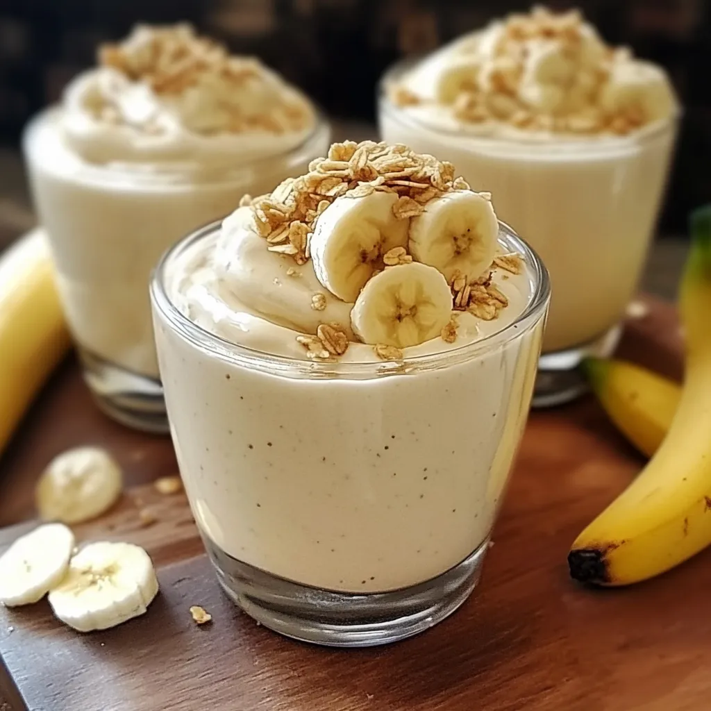 Postre cremoso de banana servido en vasos individuales con chocolate rallado.